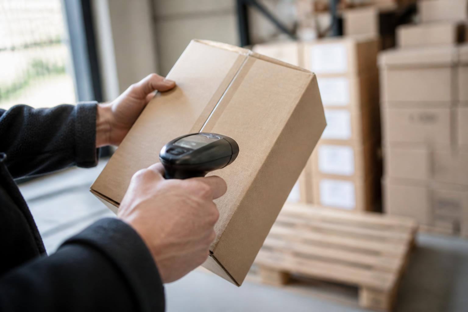Des mains scannent un carton à la réception d'une réserve, palette et cartons empilés en arrière-plan.